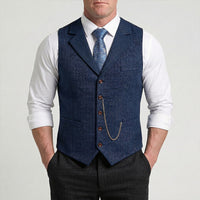 Lancaster waistcoat in Midnight Navy worn by a model