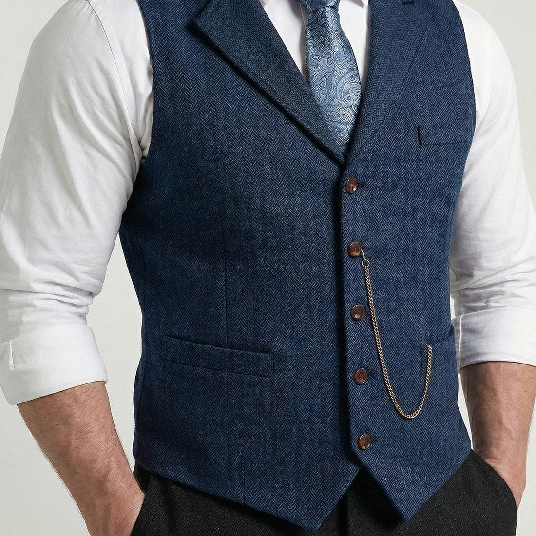 Lancaster waistcoat in Midnight Navy worn by a model