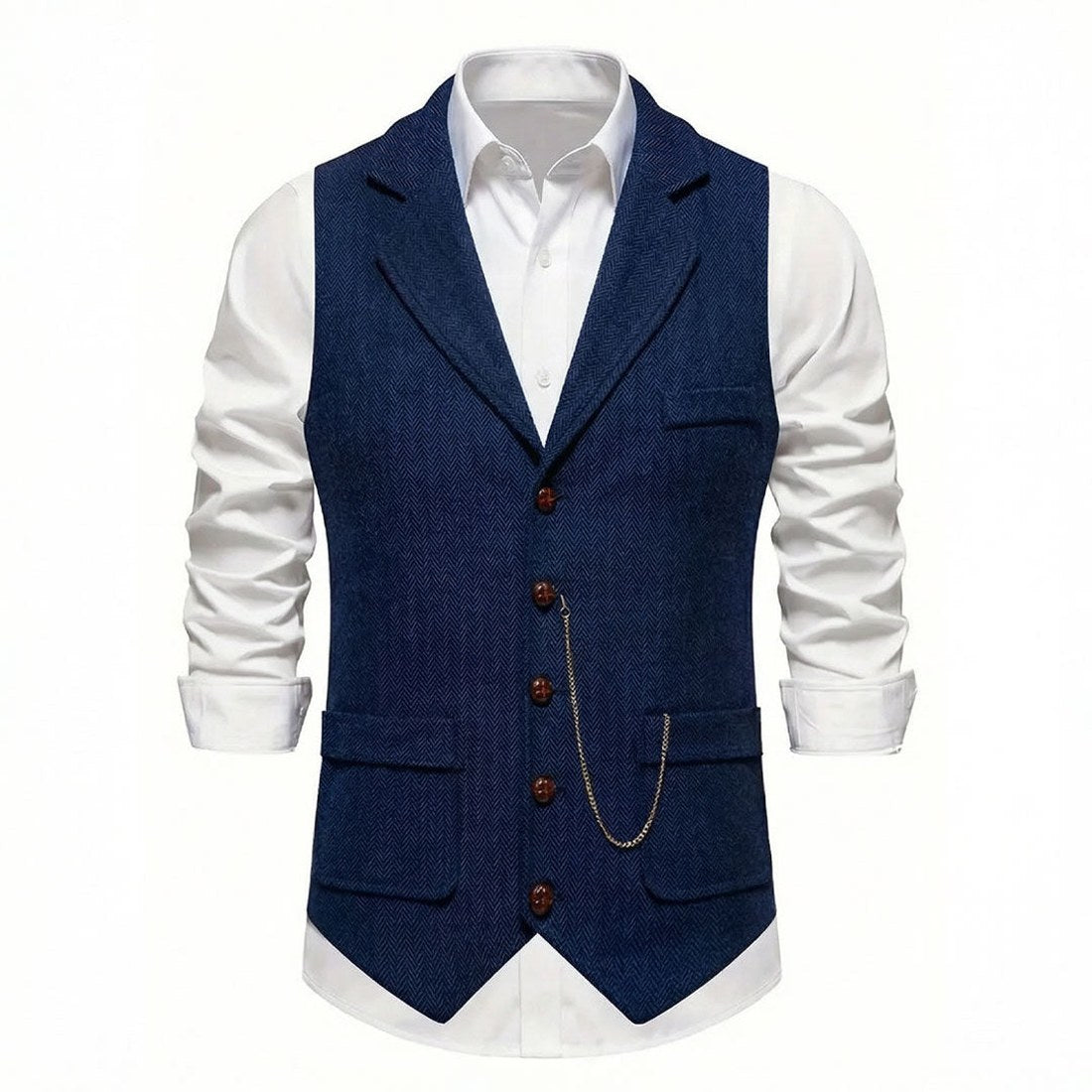 Lancaster waistcoat in Midnight Navy, fabric and chain detail