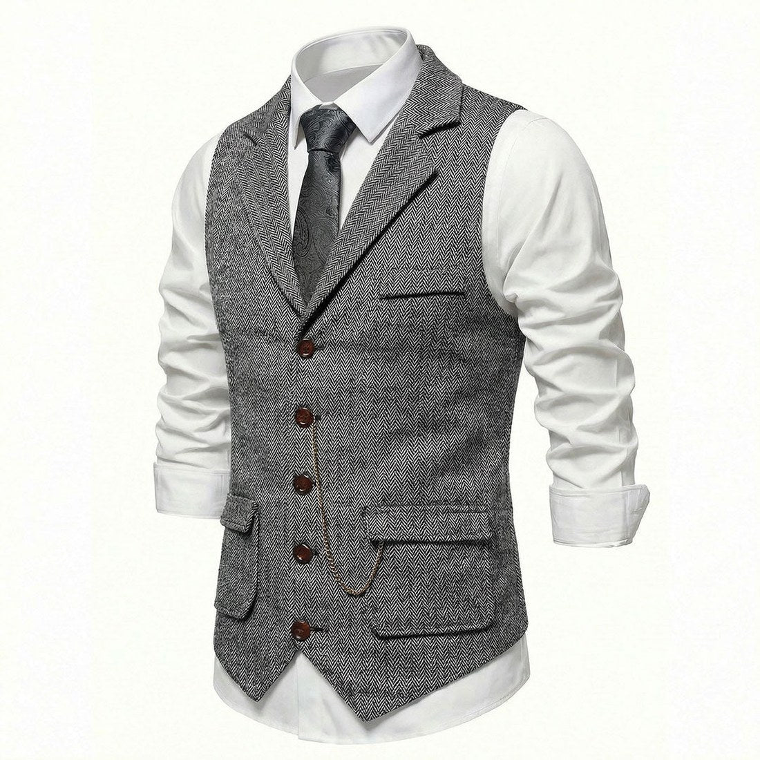 Lancaster waistcoat in Gunmetal Grey, fabric and chain detail