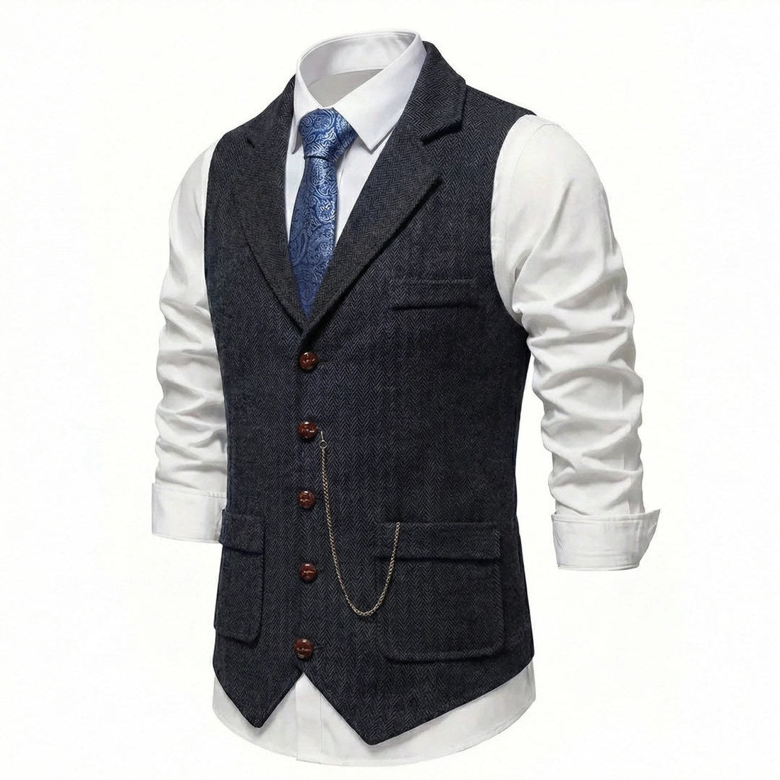 Lancaster waistcoat in Midnight Black, fabric and chain detail
