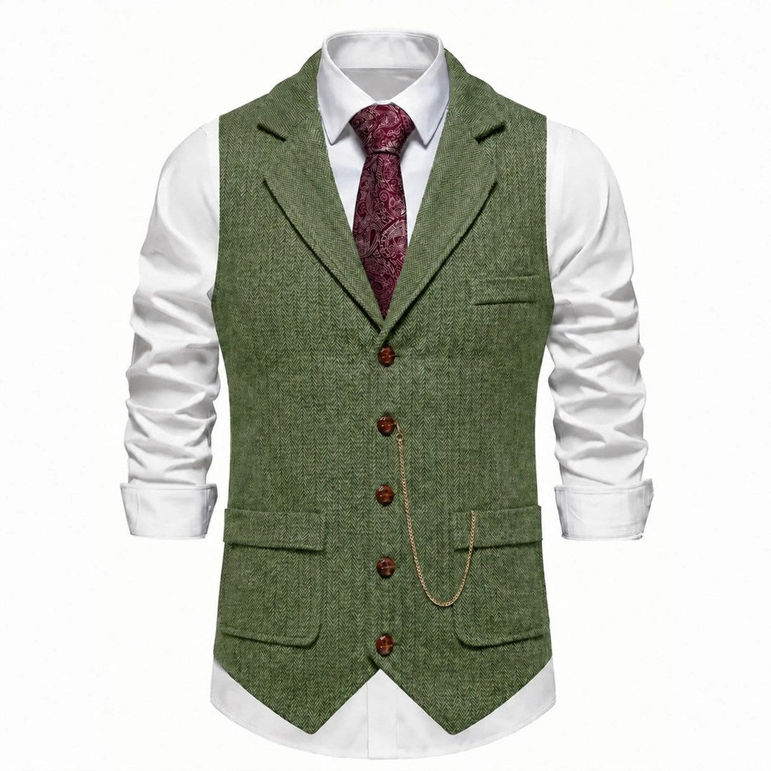 Lancaster waistcoat in Olive Green, front view