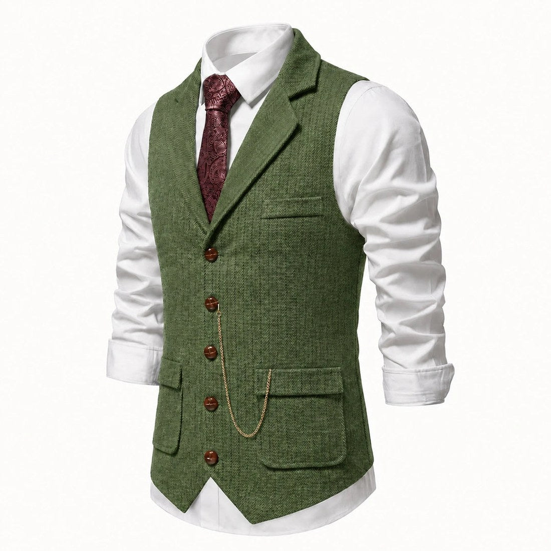 Lancaster waistcoat in Olive Green, fabric and chain detail
